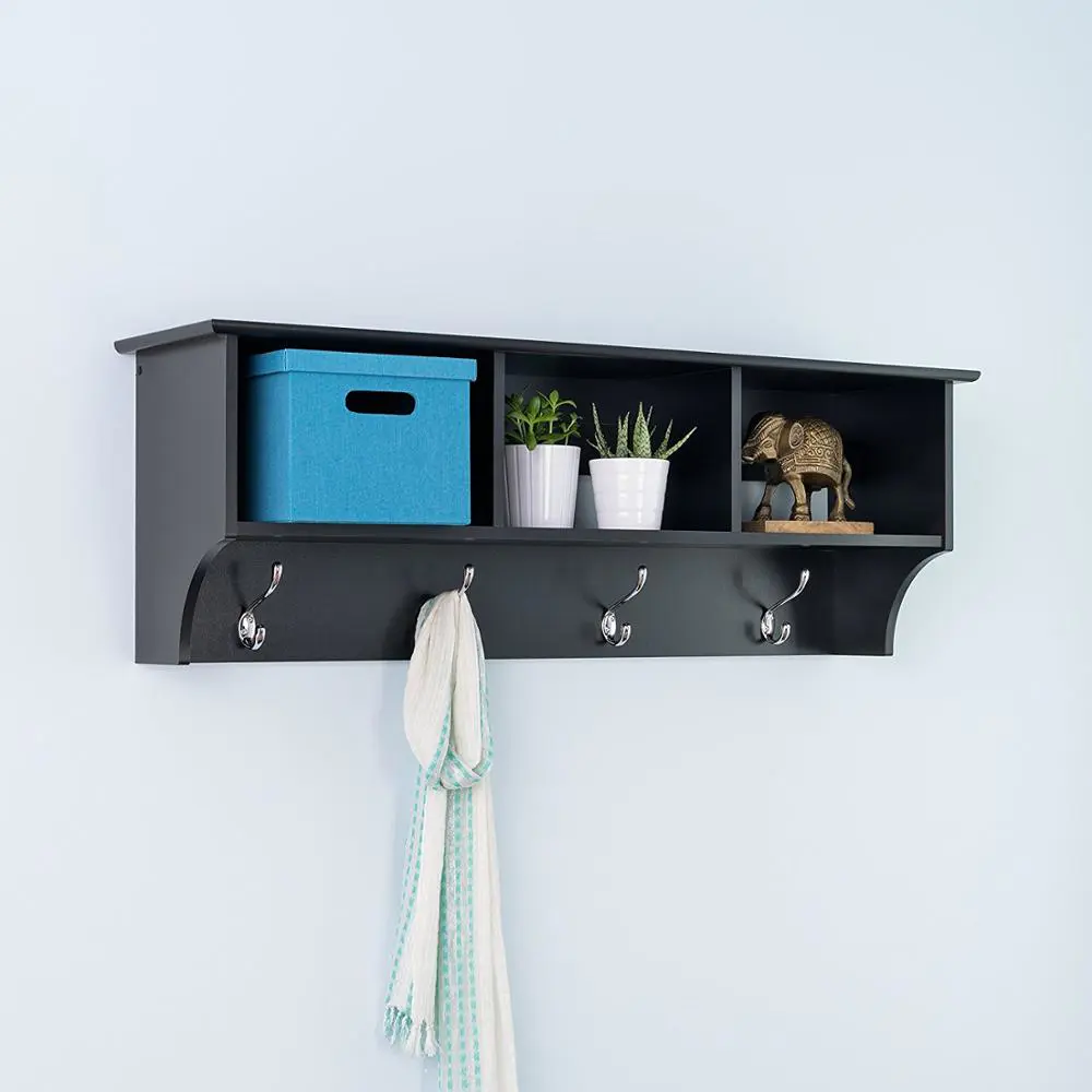 Exclusive new designed decorative wooden 3 grid storage wall shelf with metal hooks