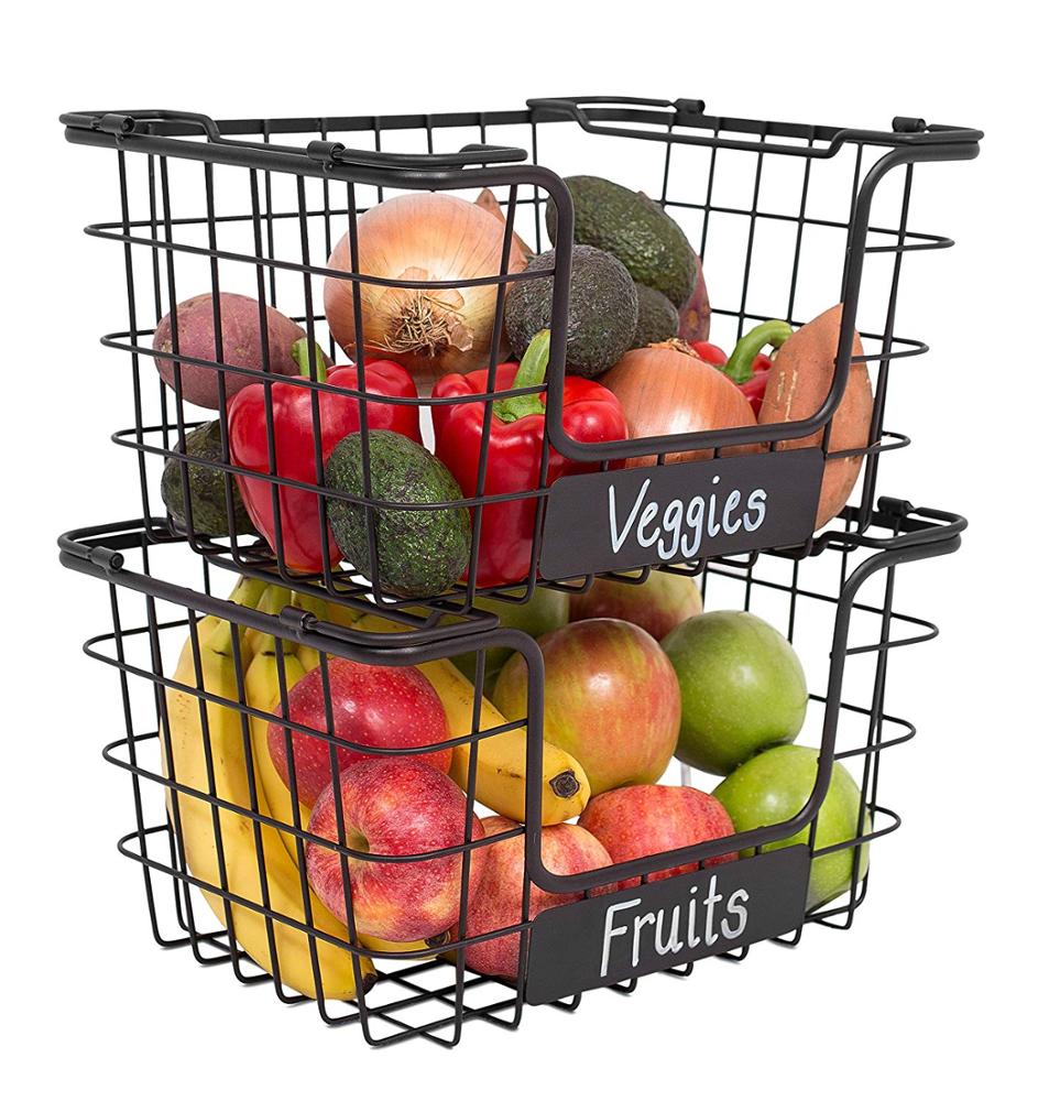 Black Stacking Wire Market Baskets with Chalk Label Fruit Vegetable Produce Metal Storage Bin for Kitchen Counter