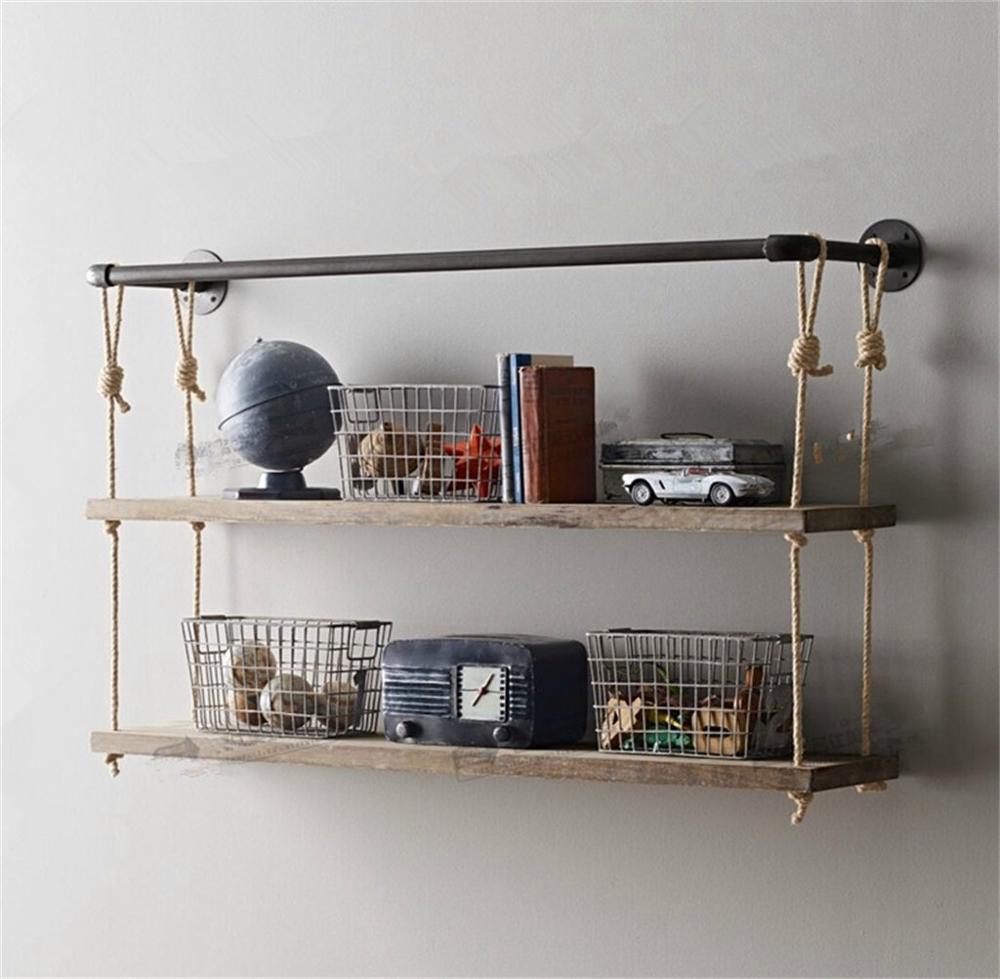 Wall Shelf Hemp Rope Iron Metal Pipe Shelves Solid Wood Wall Hanging Partition Living Room as Bookshelf Storage Rack LOFT Style