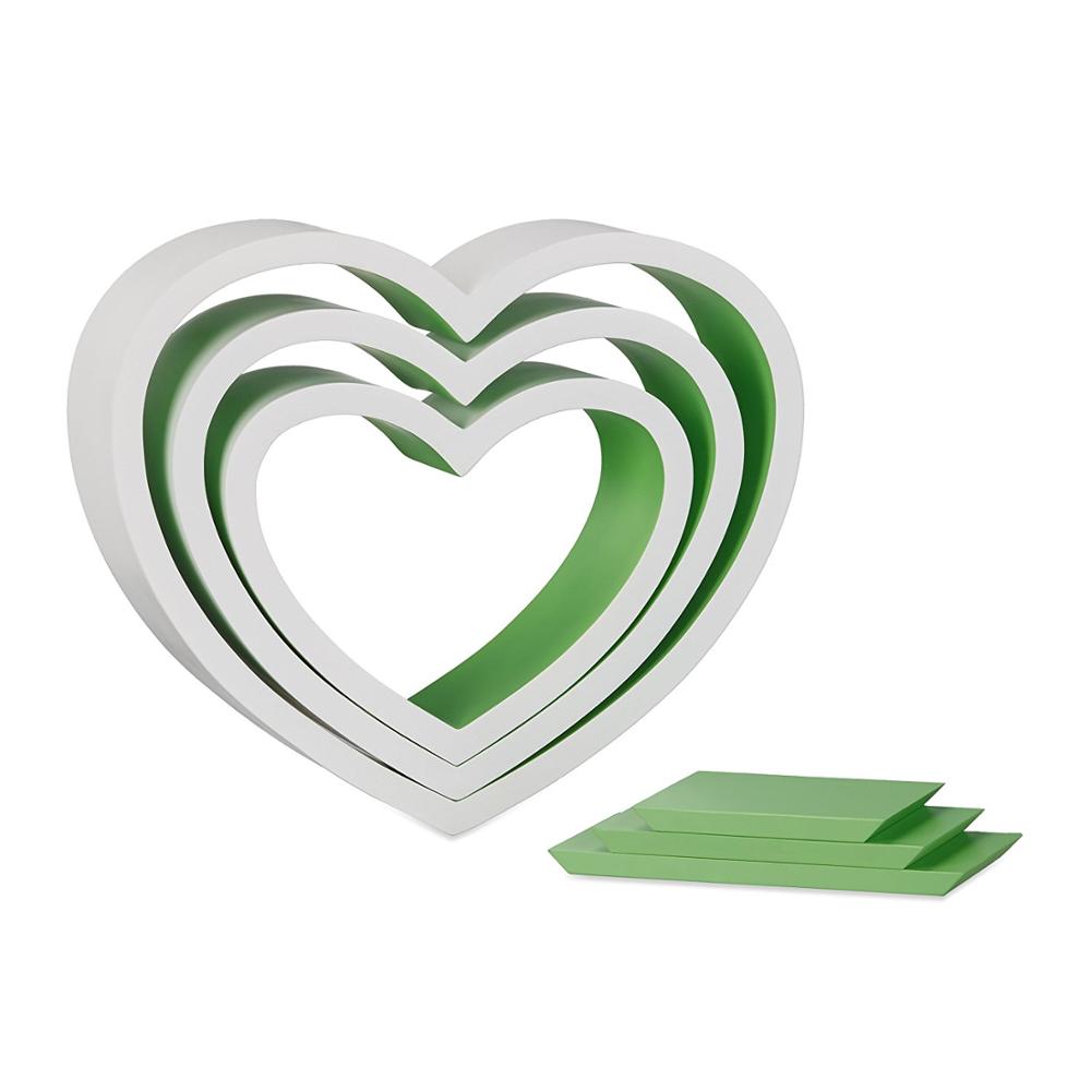 Living room decorative bright color and smooth surface heart shaped wood wall shelf
