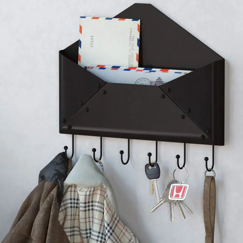 Home Black Foyer Wall Mount Letter Mail Key Newspaper Magazine Holder Coat Rack shelf with 6 Hooks