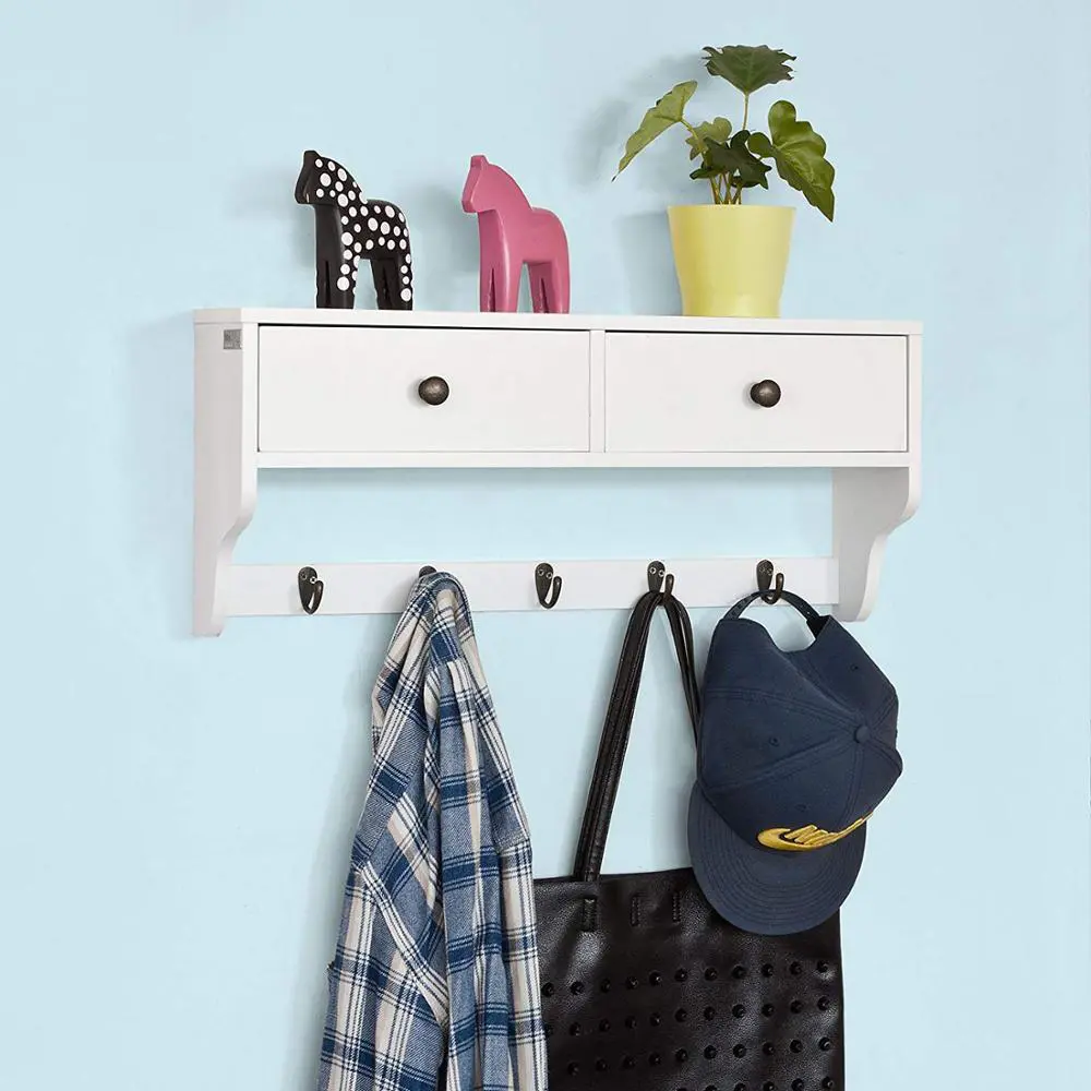 Hot sell wooden wall shelf with 2 drawer coat hooks for bedroom
