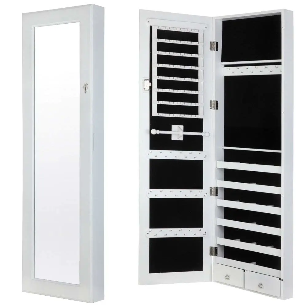 Modern Door/Wall Mounted Mirrored Jewelry Cabinet Organizer Storage White