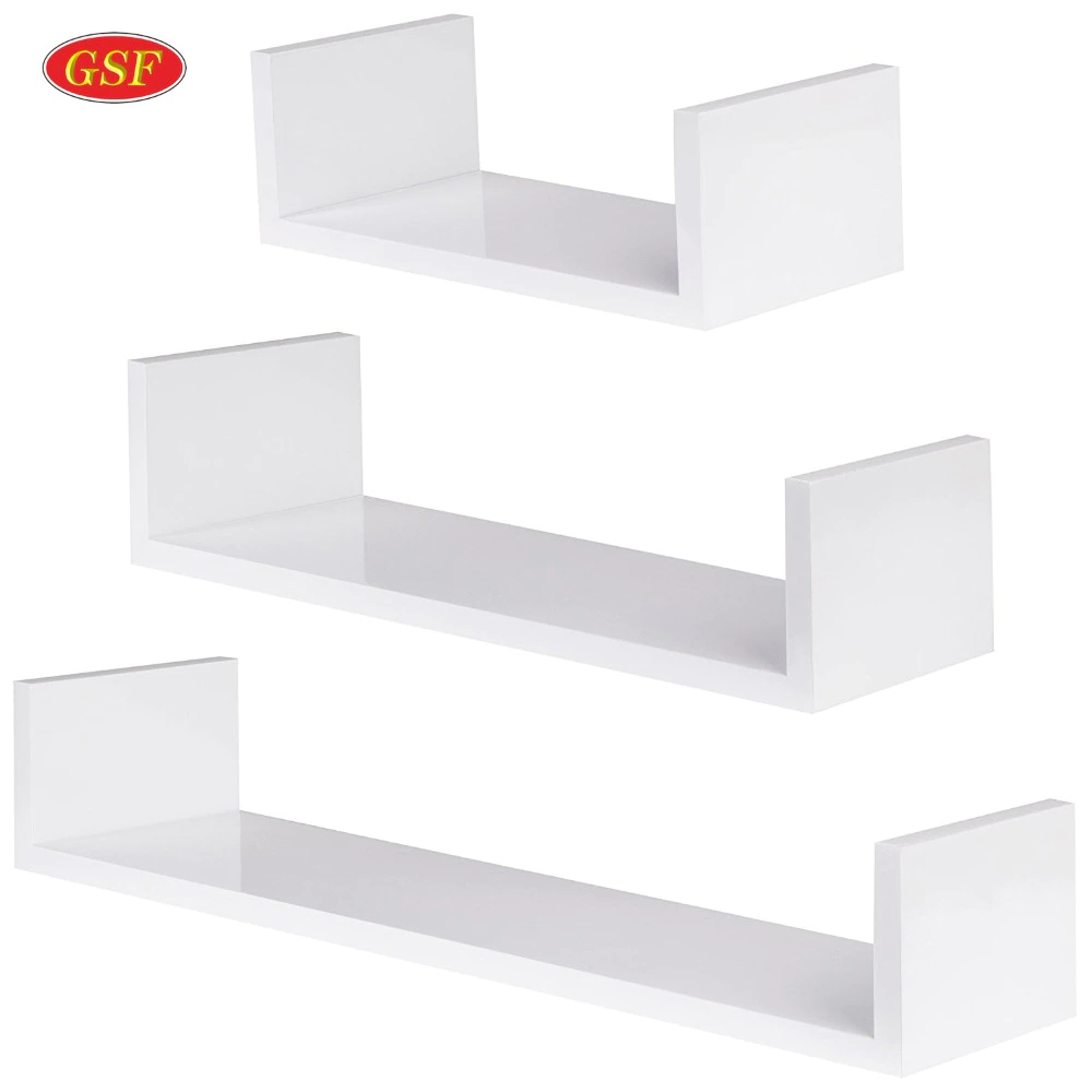 Modern easy assembly wood MDF floating home storage furniture set of three U shaped wall mounted shelf