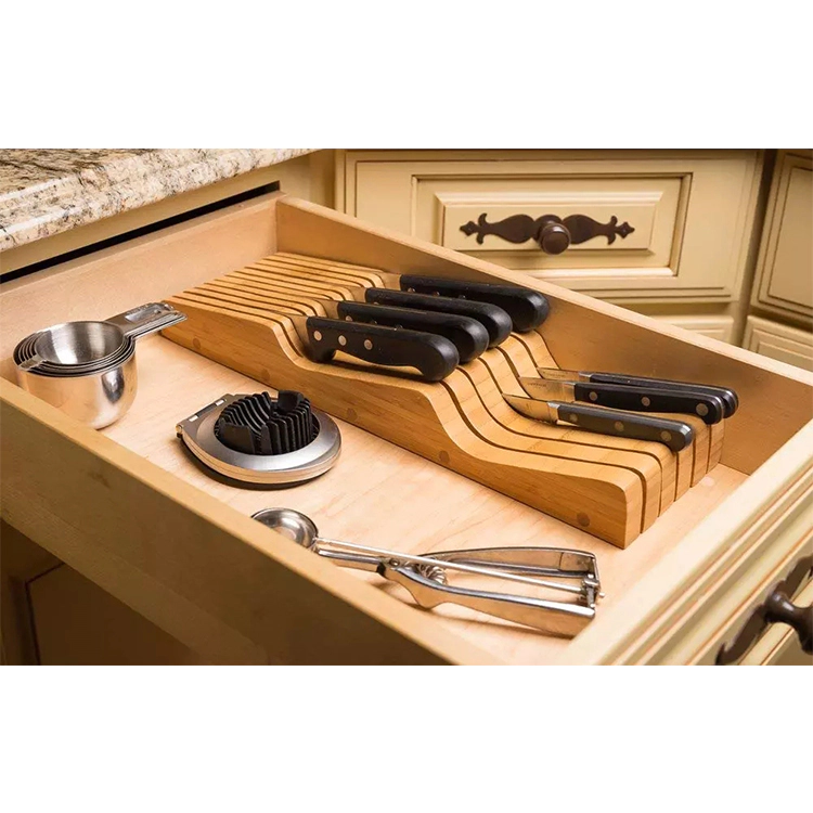 Wholesale Multifunction 100% Pure Bamboo in Drawer Knife Block, Knife Organizer