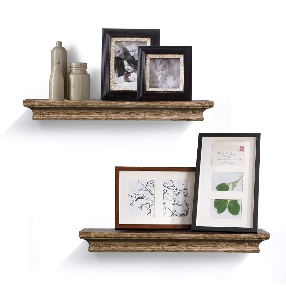 Decorative Storage Display Shelf Grey Wash Finish Of 2 Pcs Wood Floating Wall Shelf