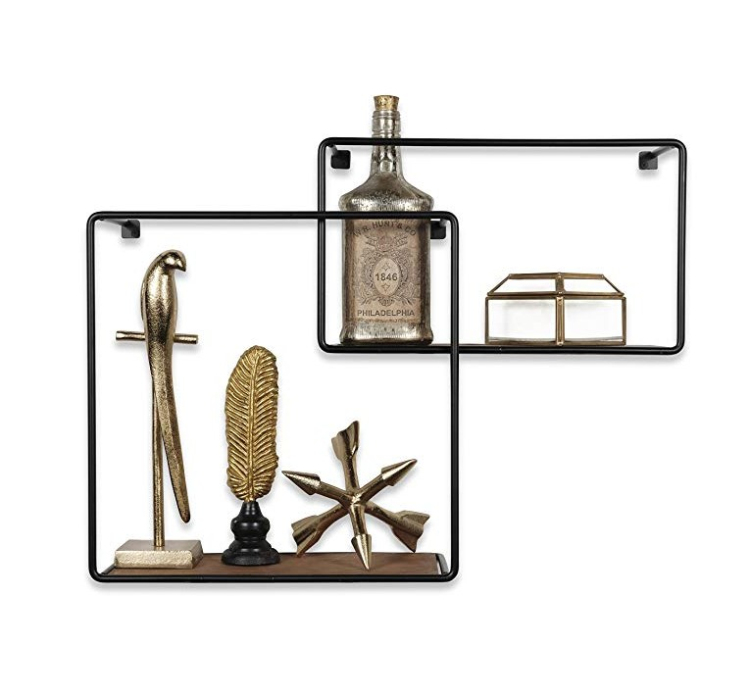 Wall Mounted Rustic Iron and Wood Intersecting Unique Floating Shelves