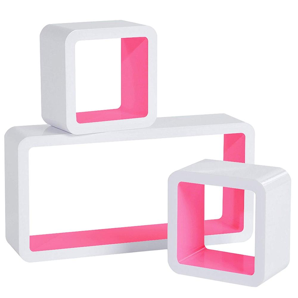 The living room decorated  three-piece sets of square and rectangular wall cube shelf
