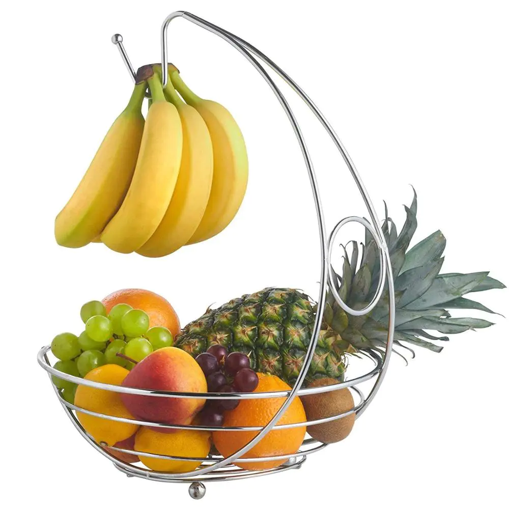 Hot sale kitchen living room metal wire 2 tier fruit basket with banana holder
