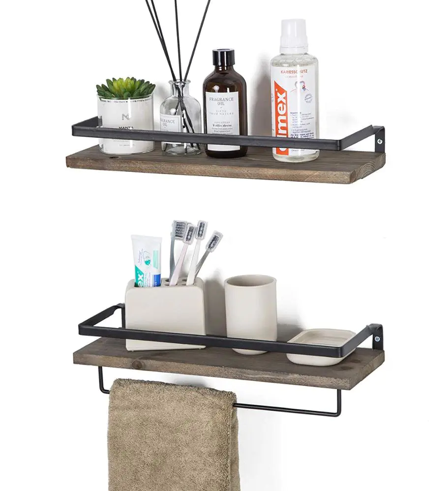 Useful wood and metal 2-piece floating wall-mounted kitchen bathroom storage rack