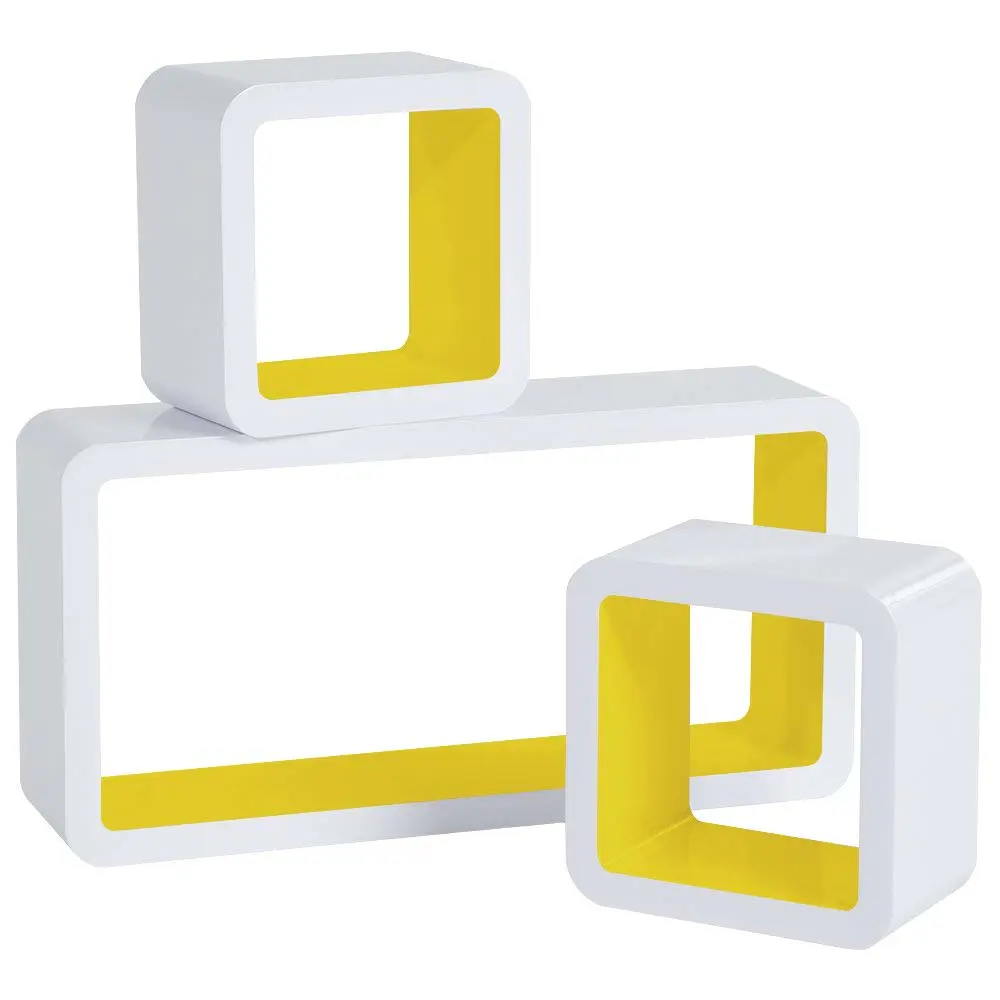 Yellow inside and white outside Set of 3 Hanging and Storage wall cube shelf