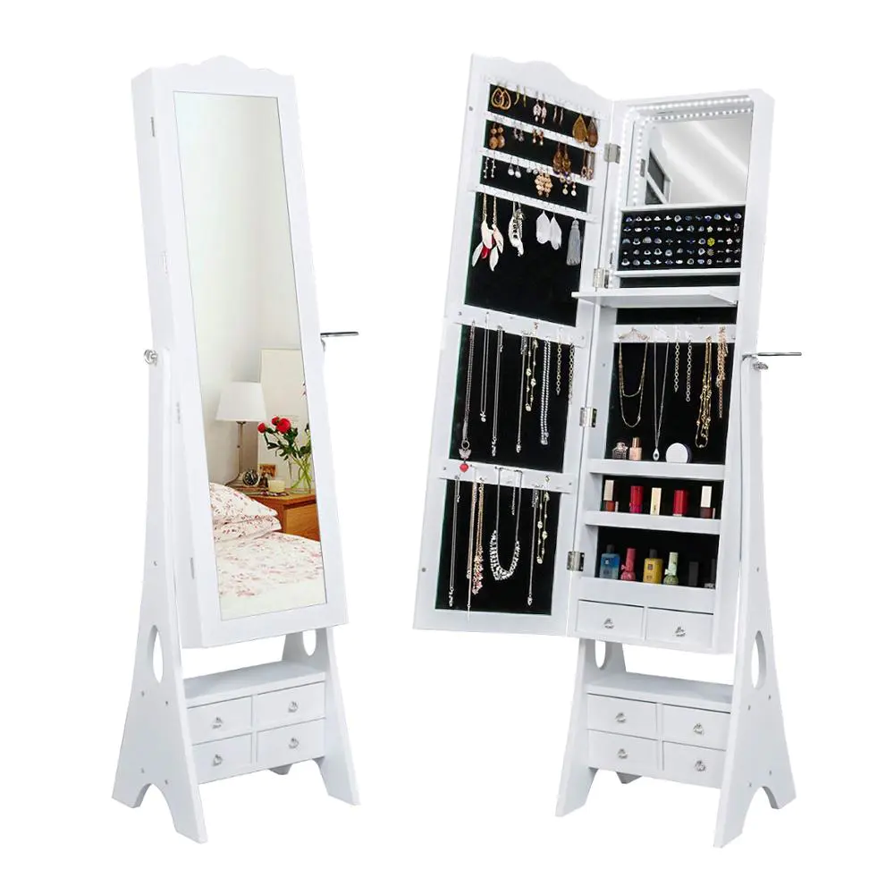 White Mirrored Jewelry Cabinet Organizer Full Length Standing Jewelry Storage Armoire with Makeup Tray&Large Capacity 6 Drawers