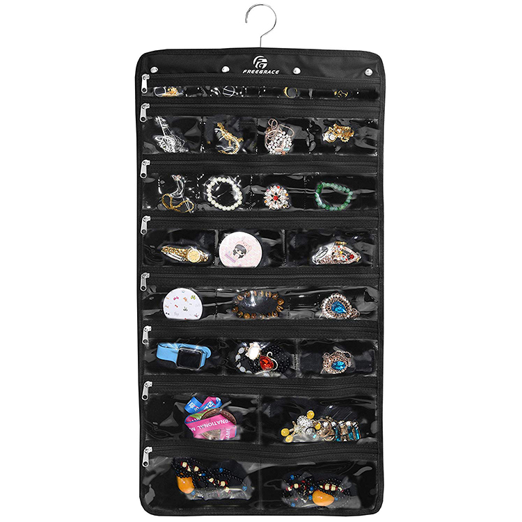 Premium black Foldable Storage  Hanging Jewelry Organizer Revolving Hanger Secure Zipper Closure 50 Pockets/Two-Side Pockets
