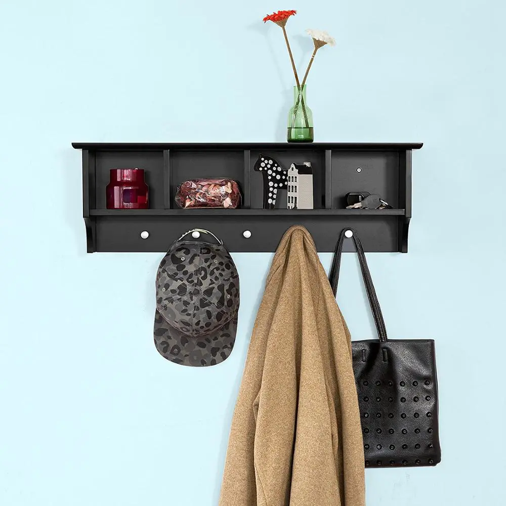 Custom Household Products Wooden Wall Shelf With Coat Hooks