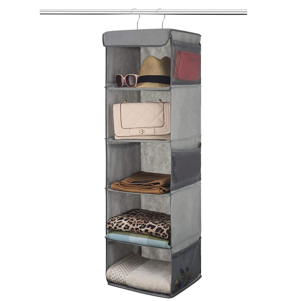 5 Shelf Hanging Closet Organizer Space Saver With Side Accessories Pockets And 2 Sturdy Hooks For Clothes Storage And Shoes Etc.