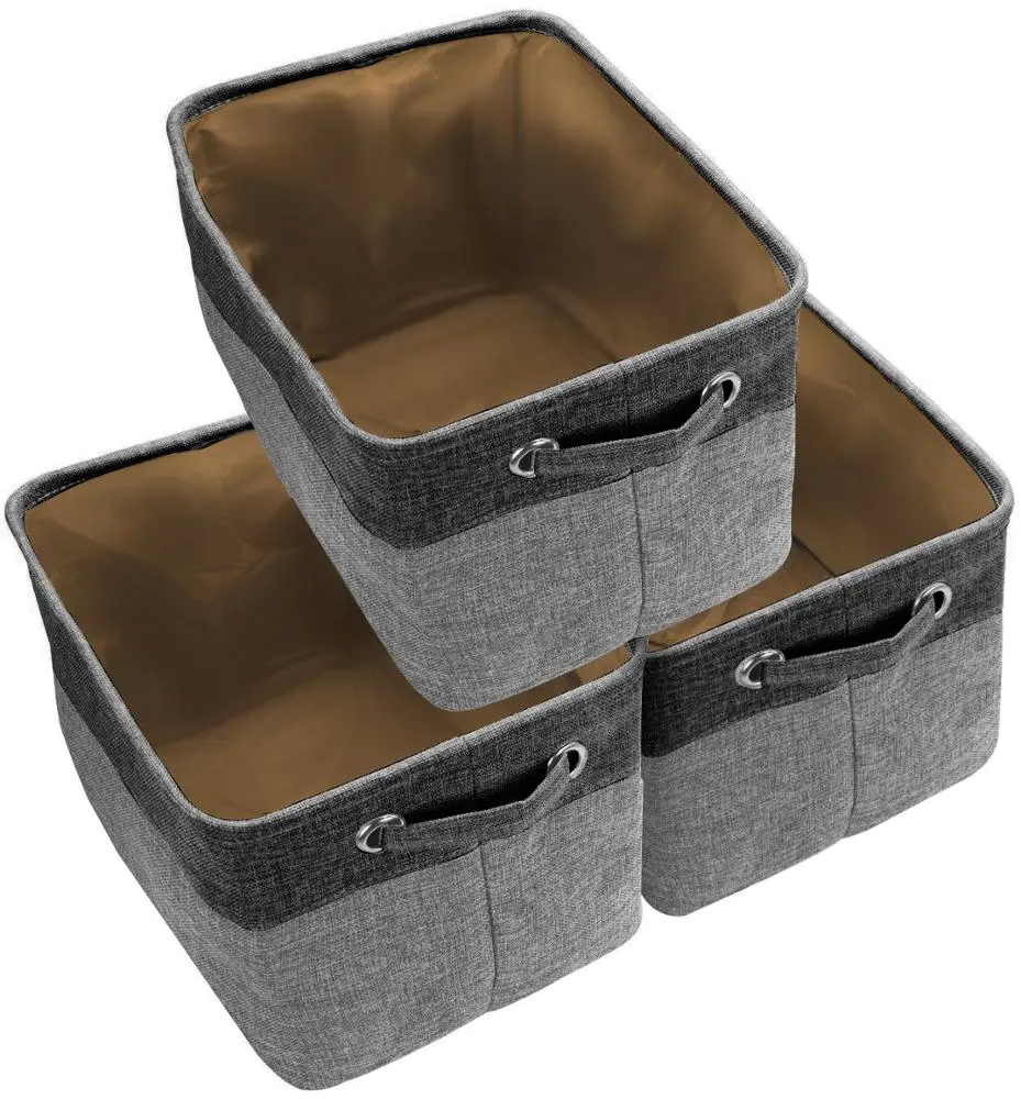 Black/Grey Storage Large Basket Set 3-Pack , Big Rectangular Fabric Collapsible Organizer Bin Box with Carry Handles for Linens