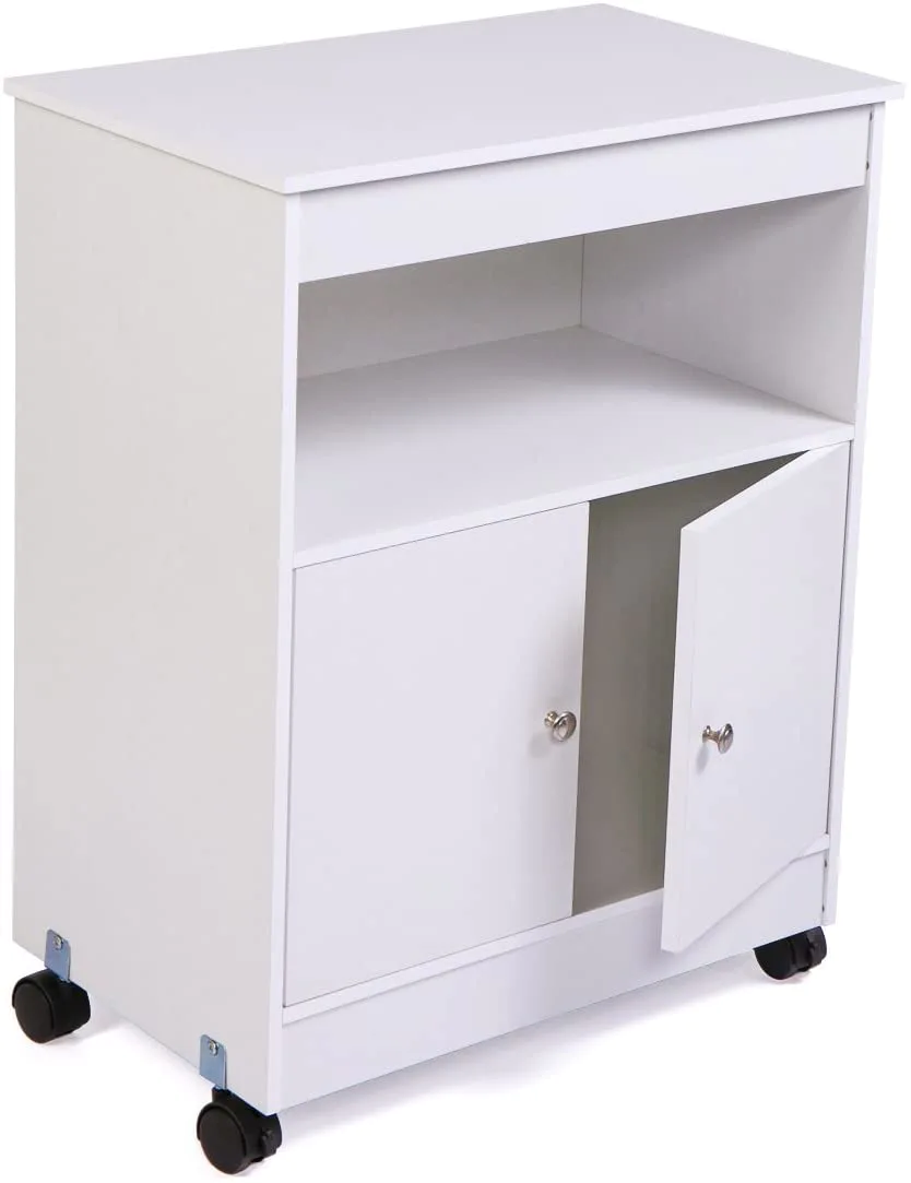 Microwave Cart Storage White Wood Kitchen Cabinet Shelf Space Saver with 4 Casters