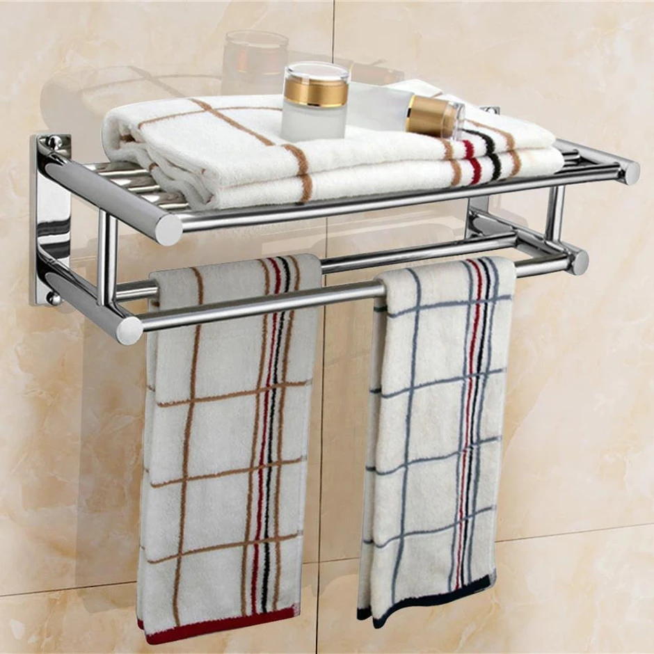 Hot sell Stainless Steel Plated Wall Mounted Bathroom Towel Double Shelf Storage Rail Holder Rack