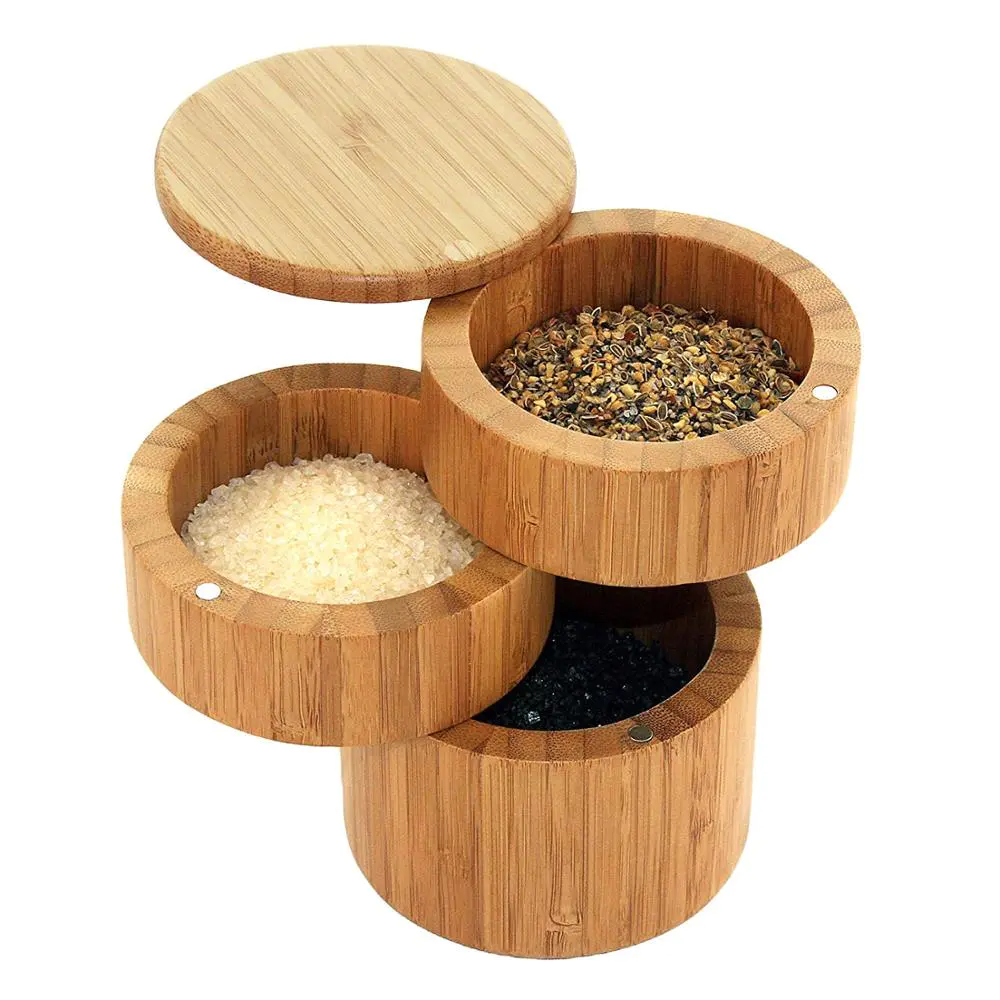 Totally Bamboo Triple Salt Box, Three Tier Bamboo Storage Box with Magnetic Swivel Lids