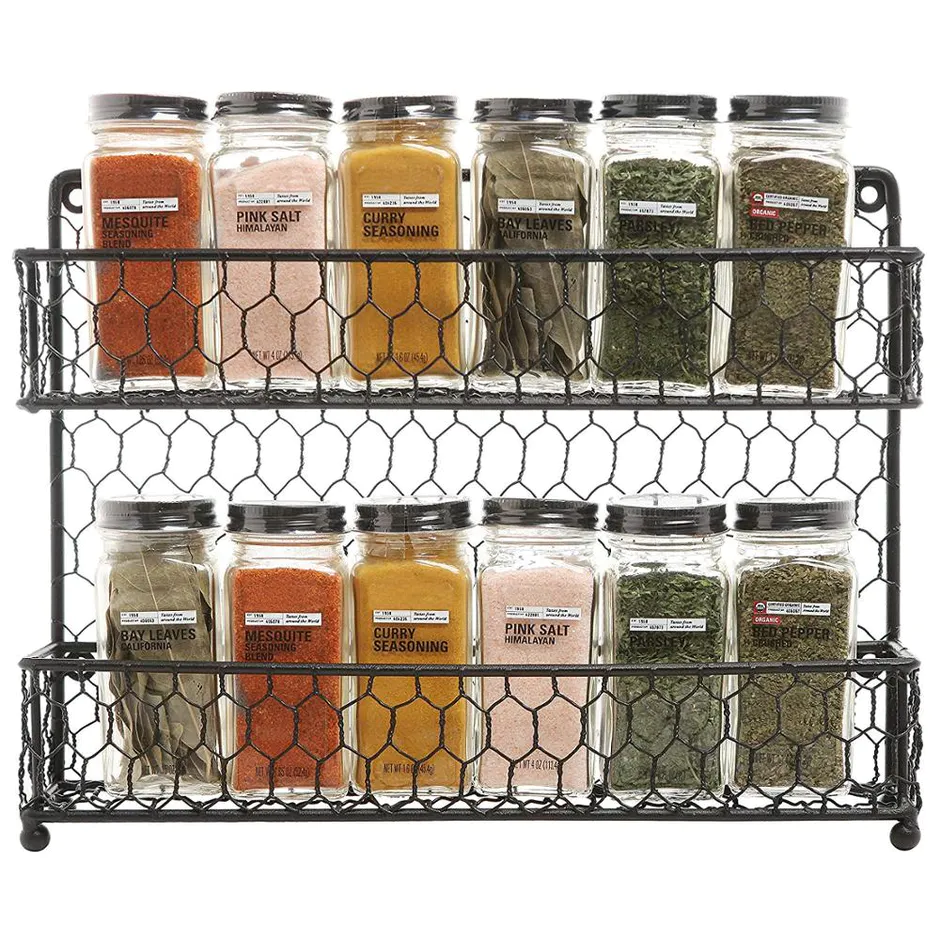 Country Style Black Dual Tier Wire basket Kitchen Counter-top or Wall Mount Spice Rack Jars Storage Organizer