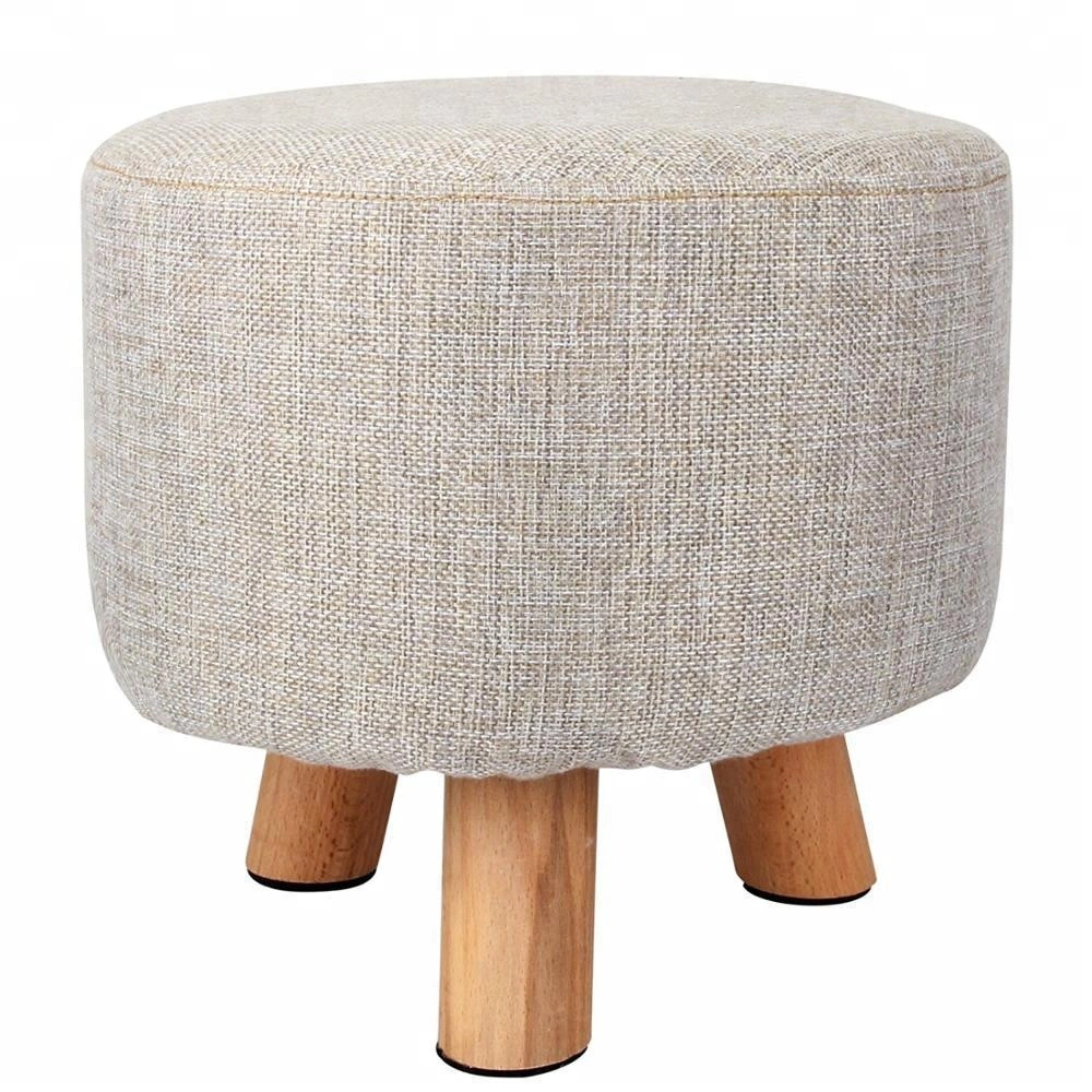 Factory Price Wooden cute animal stools Anti-skidding Feet-pad Fabric Round Ottoman Stool with 3 Wooden Legs