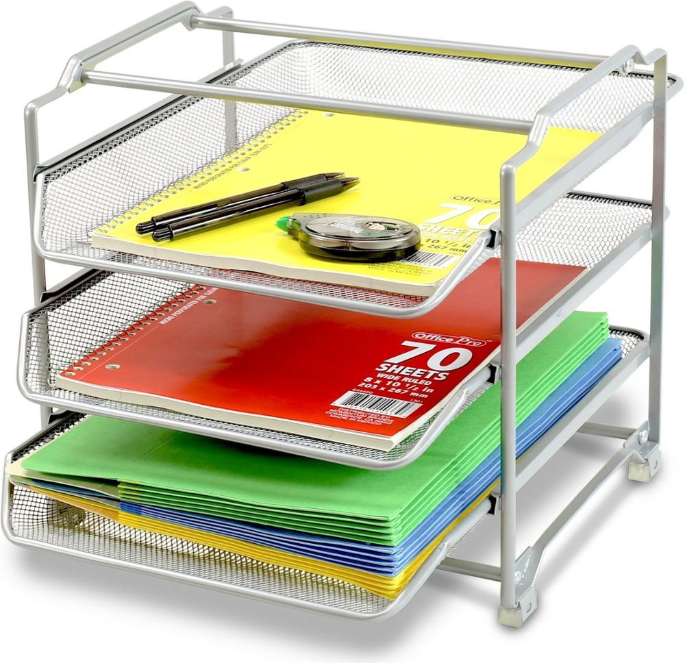 Sturdy steel mesh construction Sliver Stackable 3 Tier Desk Organizer for holding and organize A4/letter size pape