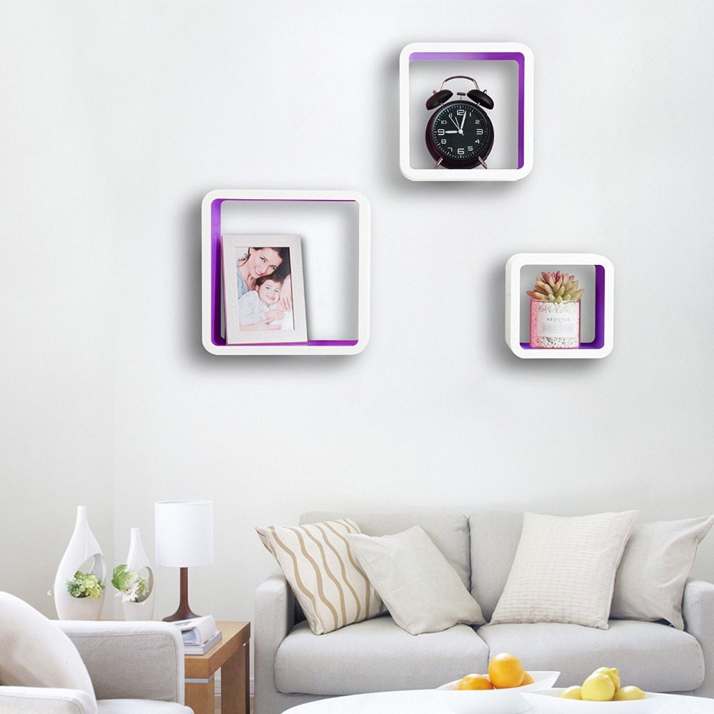 White shelf wall square three-piece set wooden round cube wall shelf for home decoration