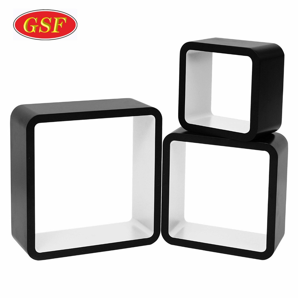 Black and white classic color wall mounted storage shelf 3 set of wood round wall cube shelves