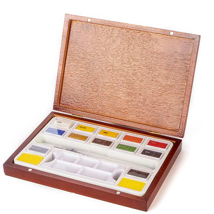 GSF  Colourful 14-pcs Wooden Box Painting Art Set Solid watercolor set