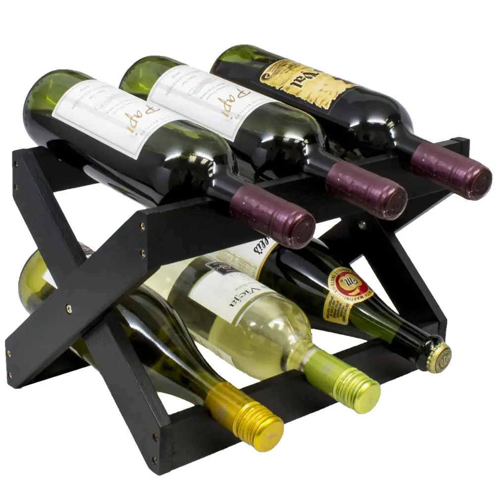 Bamboo Countertop Wine Rack which could put 6-bottles ,Foldable Black Wine Rack