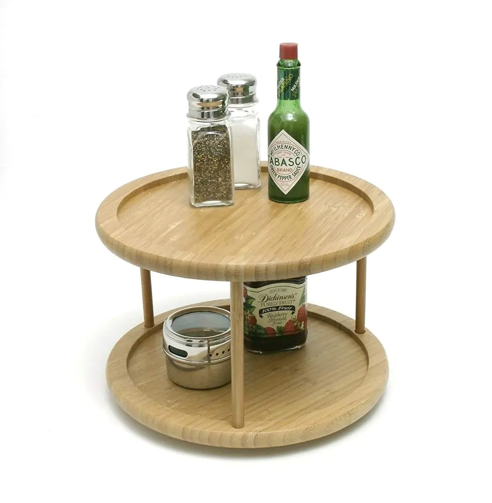 Interior Decorative Bamboo Spice Rack two tier Kitchen Turntable round wood spice holder rack