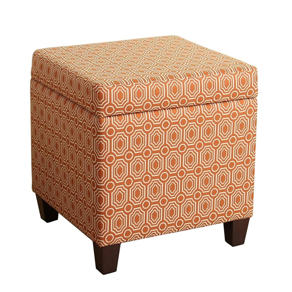 Modern Upholstered Storage Cube Ottoman with Hinged Lid  Orange Geometric