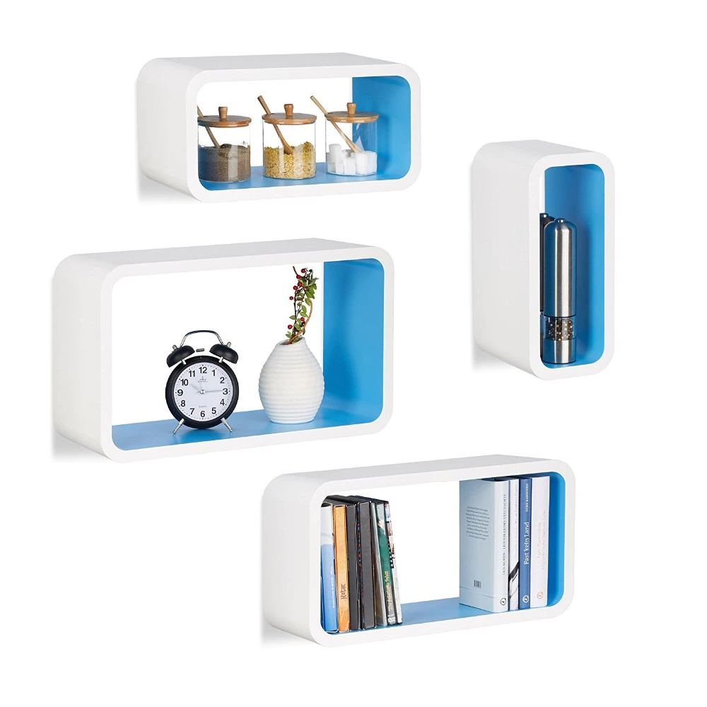 White and blue decorative wood wall mounted cube book shelf