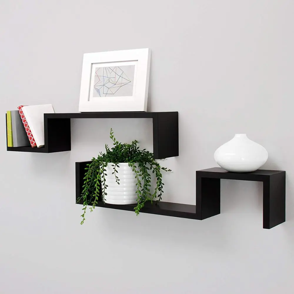 Set of 2 Wholesale S Shape Wooden Shelves Home Floating Cube Wall iving room furniture set wooden shelf wood wall shelf