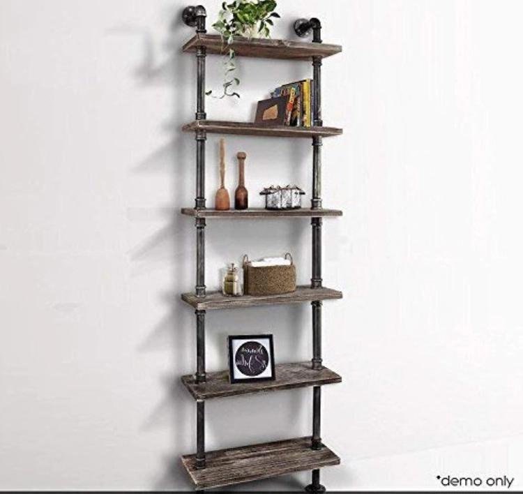 Industrial Rustic Modern Wood Ladder Pipe Wall Shelf 6 Layer Design Decorative Pipe Wall Shelf