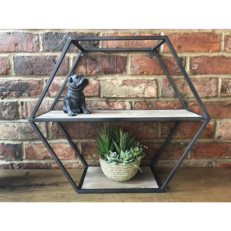 Excellent Quality Rustic Metal and Wood Wall Mount Hexagon Display Shelf for Home