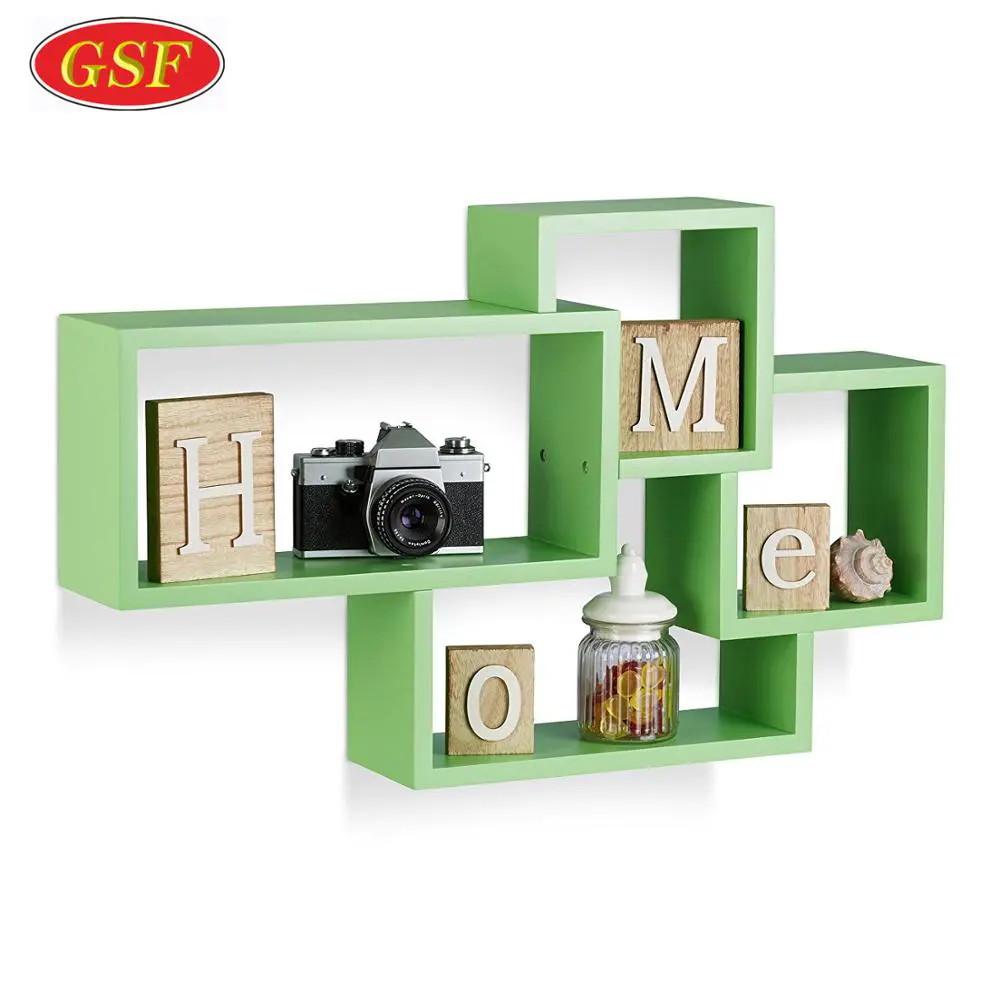 Customized Special Designed Custom Cube Shelf Green 4 Intersecting MDF Exhibit Floating Wall Cube Shelf
