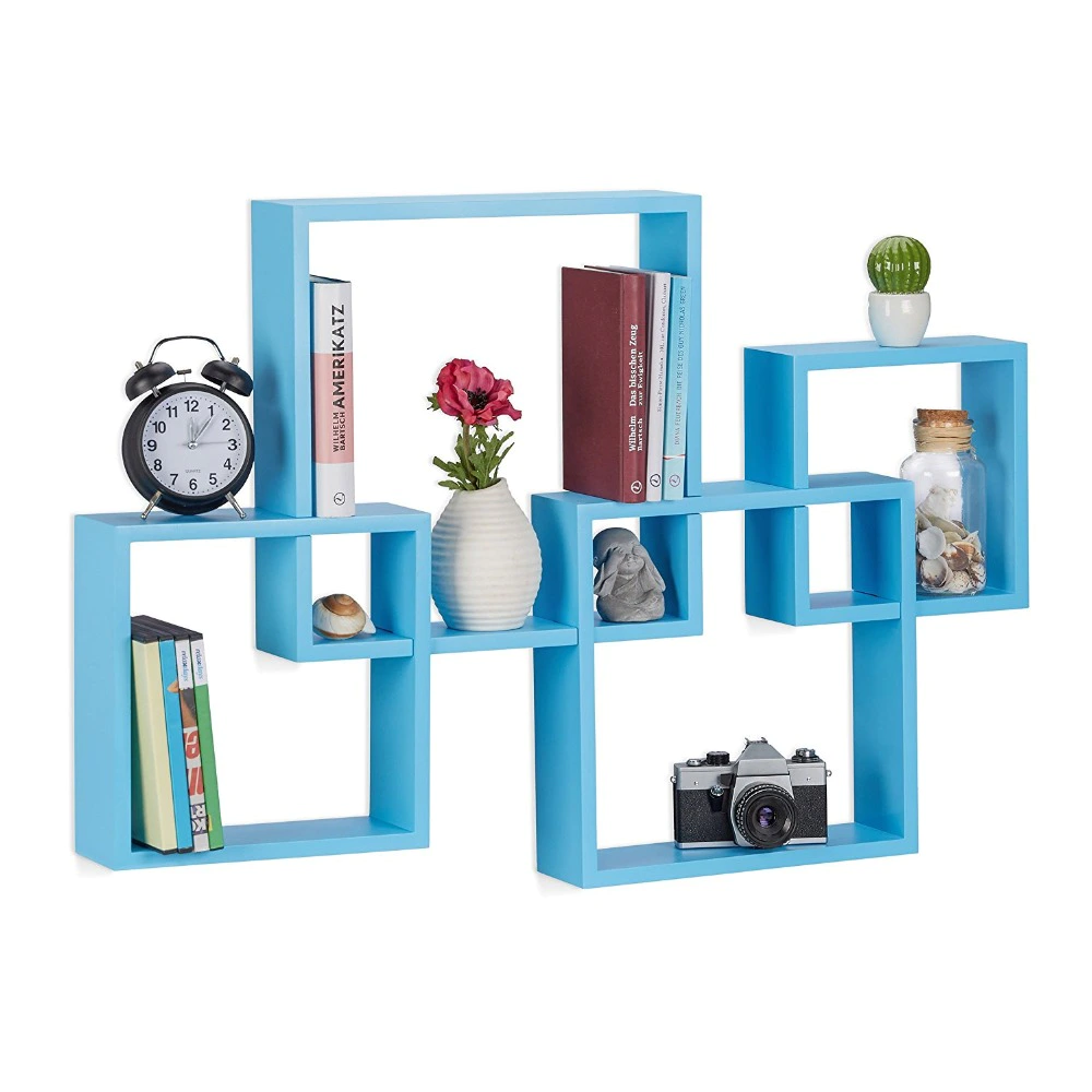 MDF cheap cute blue square edges floating wood cube wall shelf
