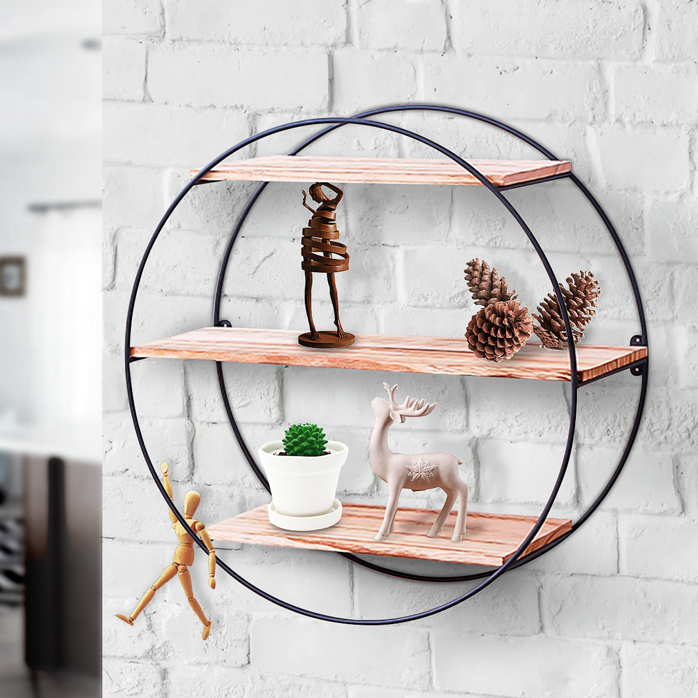 Industrial Round Wood Wall Shelves Shelf Retro Style Storage Rack Solid Metal Rack Storage For Home Bedroom Decoration