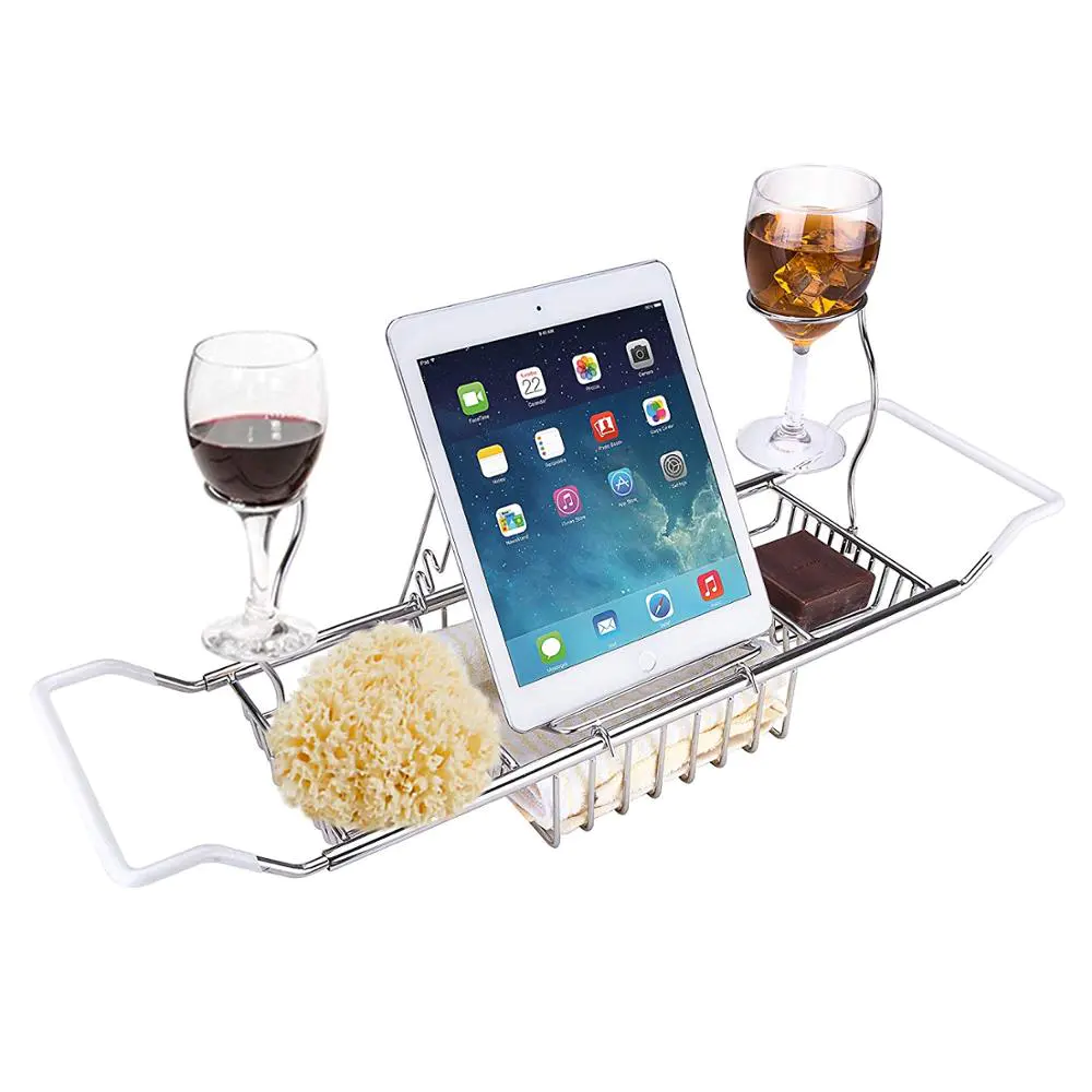Removable Wine Glass Book Holder Over Bath Tub Racks Shower Organizer with Extending Sides Stainless Steel Bathtub Caddy Tray