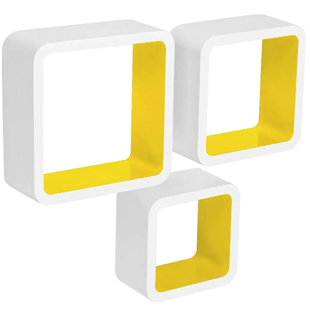 Modern home interior yellow white three-piece square storage room wooden floating wall shelf