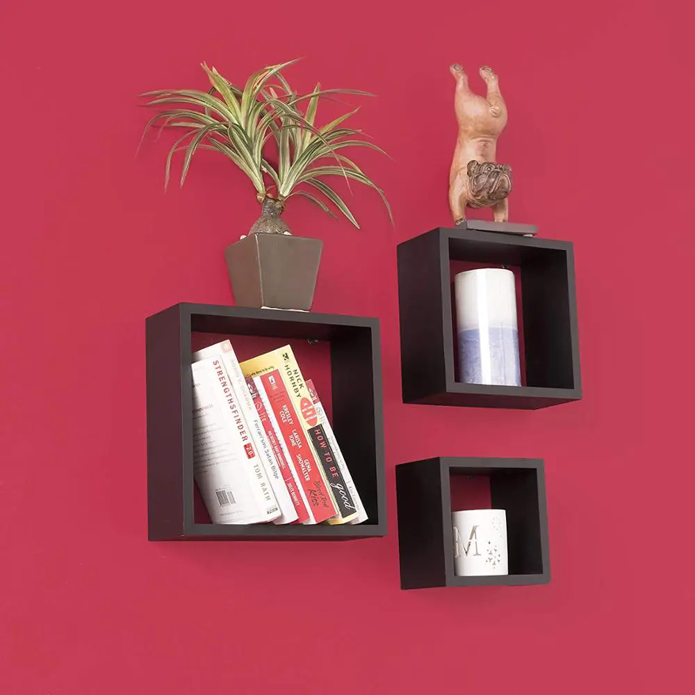Set of 3 modern home display black floating cube wall shelf decor