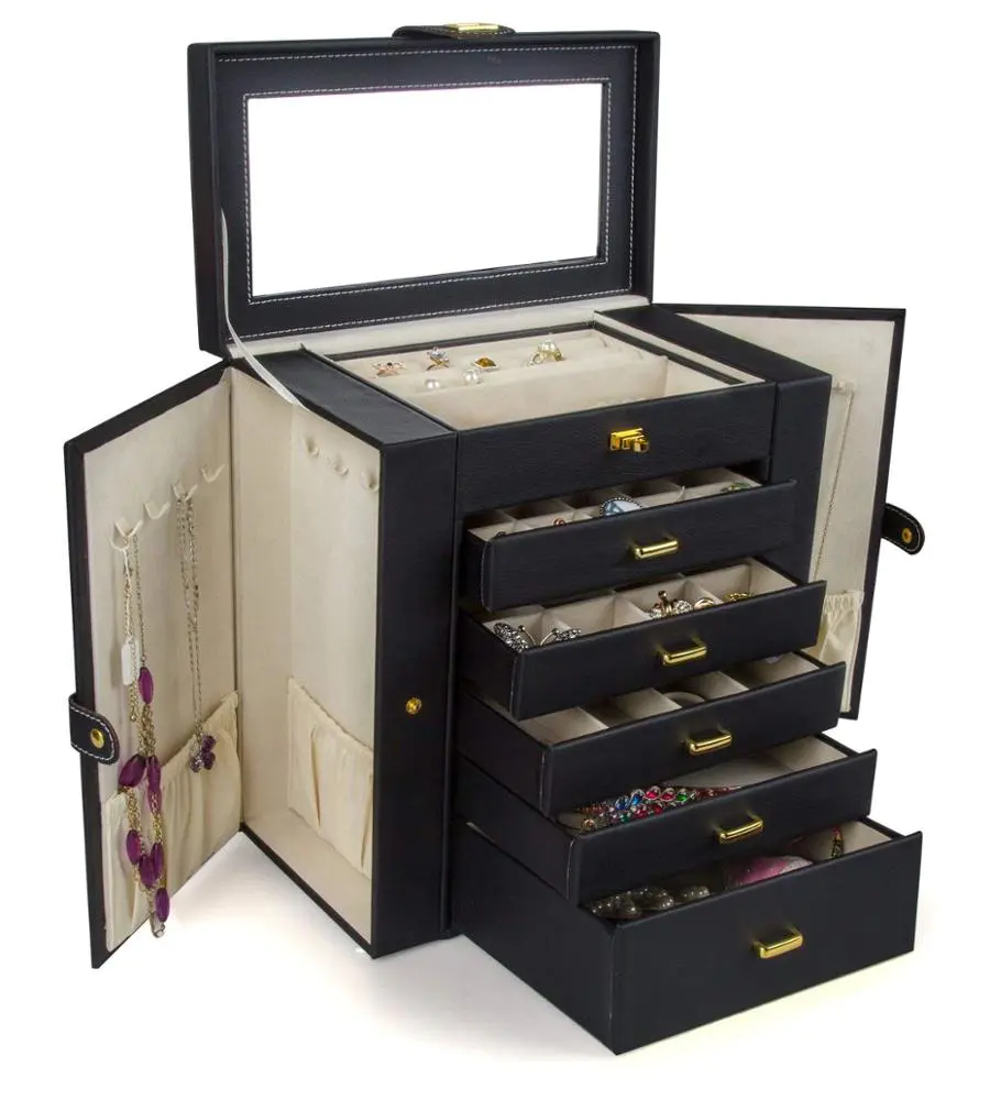 Vintage Simple Adjustable Customized Huge Leather black Jewelry Box/Case / Storage