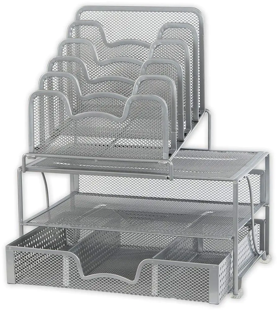 New Design with Sliding Drawer, Double Tray and 5 Stacking Sorter Sections Mesh Silver Office Supplies Desk Organizer
