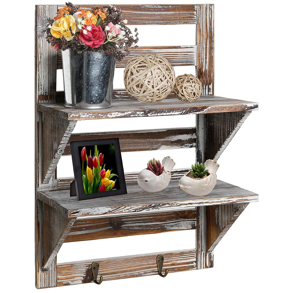 Vintage Simple Family Brown wood wall mounted 2-tier rustic shelf.