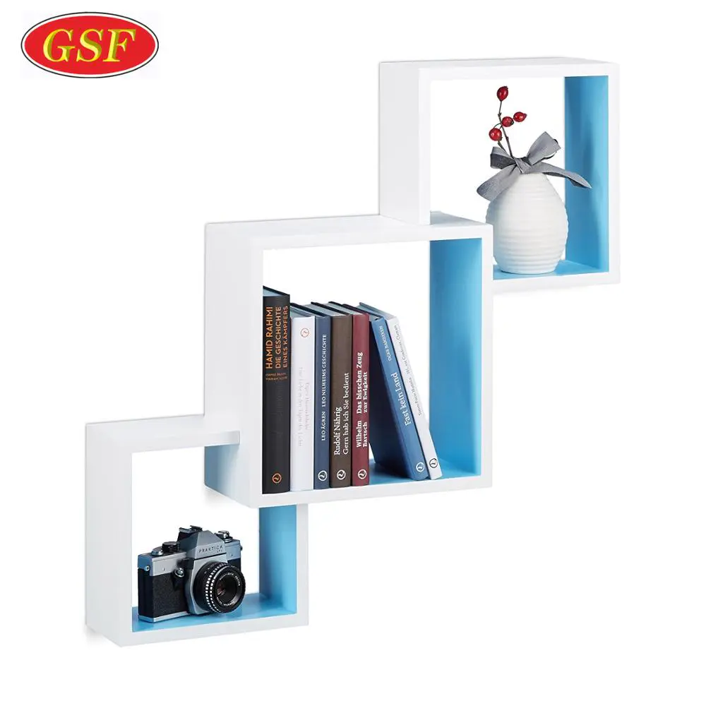 New Design Step Shape Blue And White 3 Piece Wooden Floating Wall Shelf