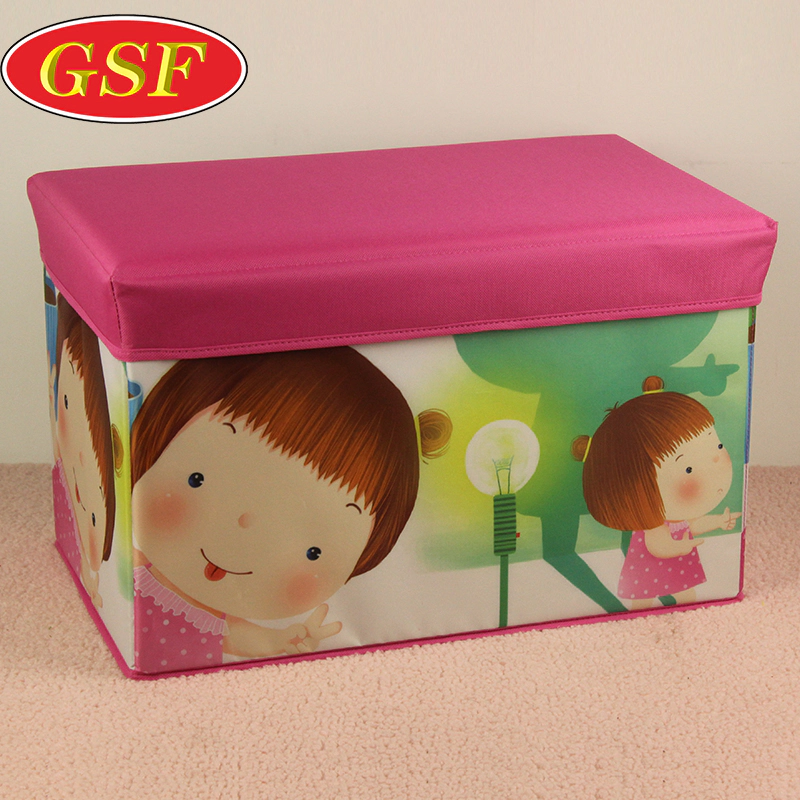 Foldable cartoon printed kids fabric covered box  storage ottoman stool without lid