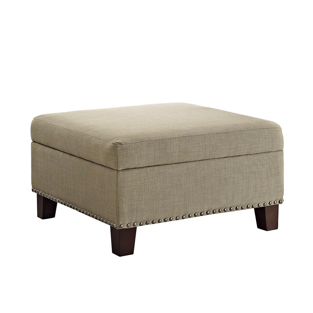 Square Upholstered Ottoman with Nailhead Detail  Linen-Look  shoes storage ottoman