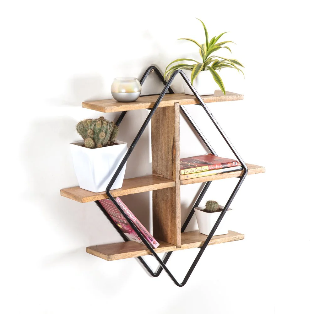 Simple Fresh Style Iron Wooden Rhombus Wall Mount Decoration Shelf For Home