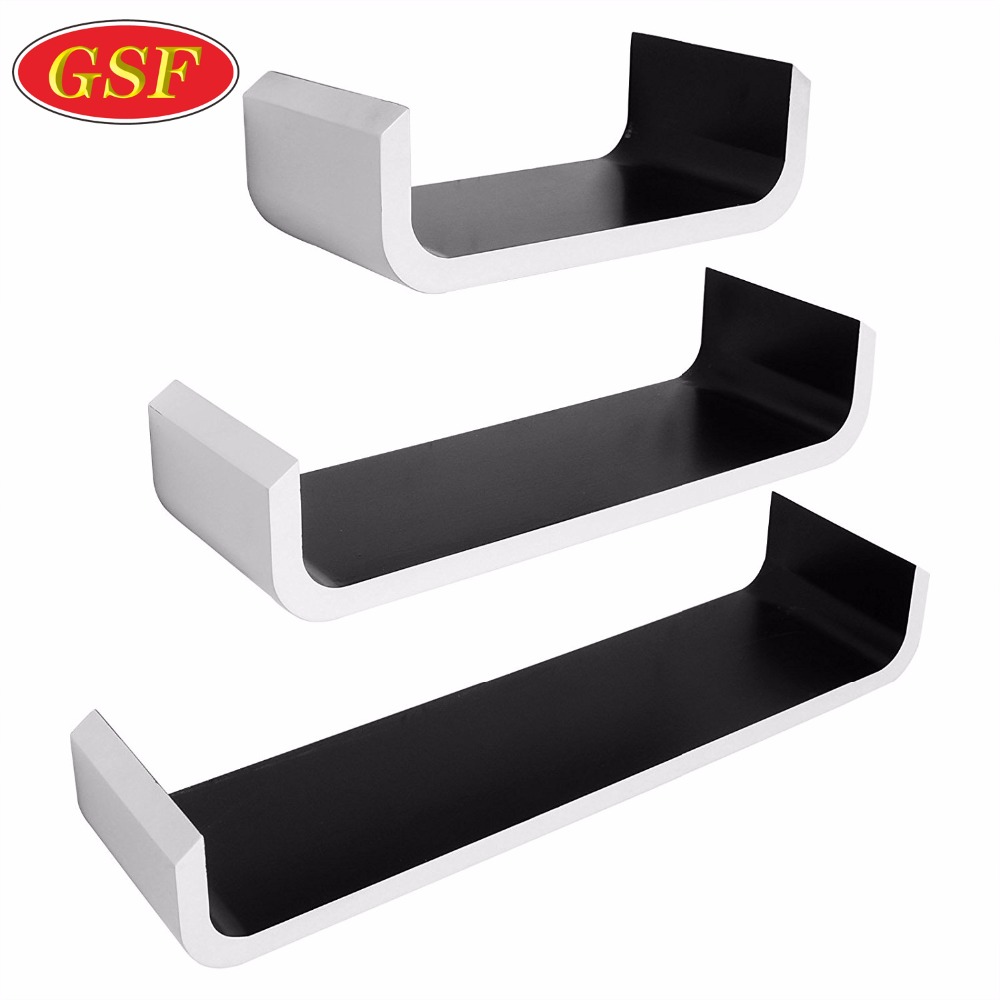 MDF floating decor furniture set of 3 U shaped wall mounted wood shelves